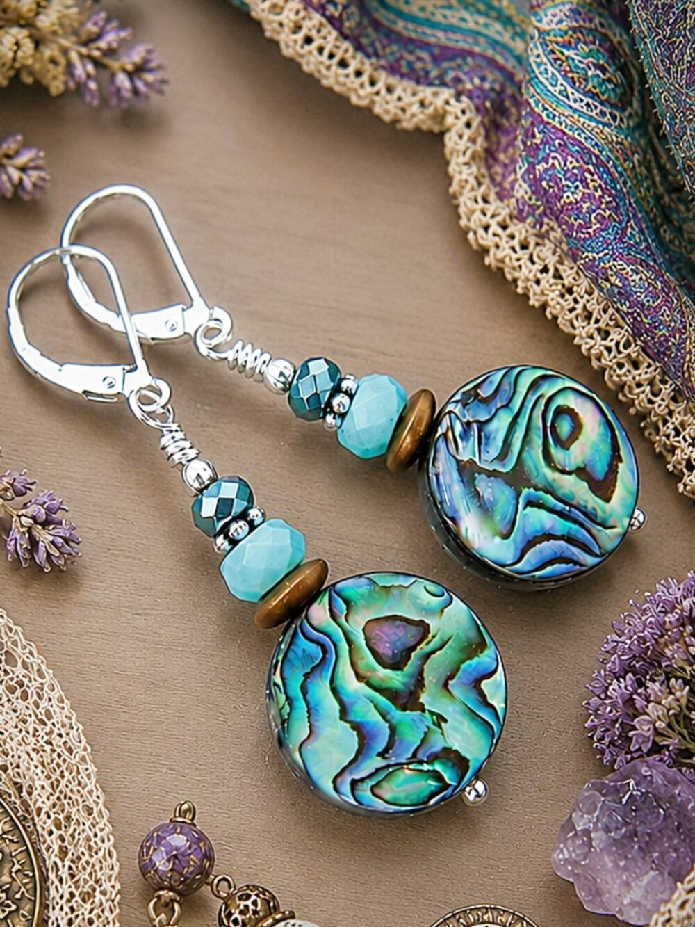 Abalone Shell Earrings Sterling Silver Leverback Dangle Boho Southwest